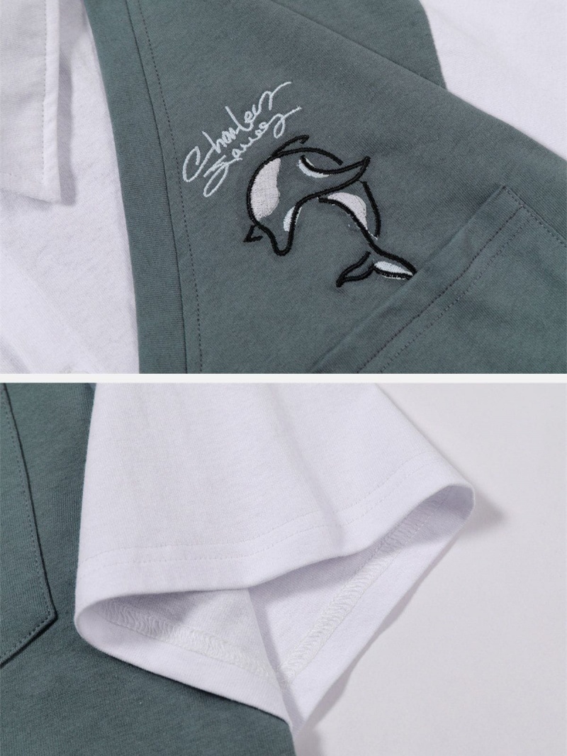 T Shirts Aelfric Eden Whale Embroidery Patchwork Polo Tee Grise | WBL-13132620